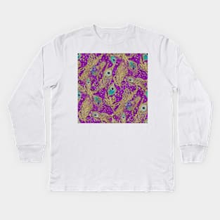 Purple Peacock Brocade Pattern Kids Long Sleeve T-Shirt